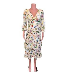 La Roque Faux Wrap Midi Dress Sz MD Silk Blend Floral Print Puff Sleeve Feminine